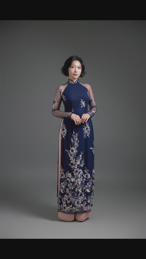 Embroidered Navy Lace Ao Dai
