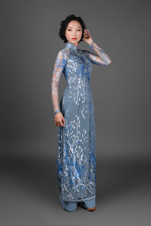 Elegant Vietnamese Ao Dai Dress - Floral blue and gray lace over gray chiffon fabric