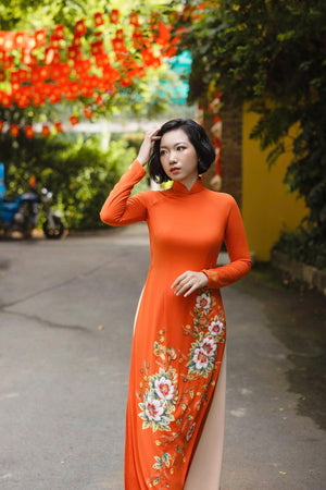 Orange Ao Dai with Handcrafted Flowers & Crystals