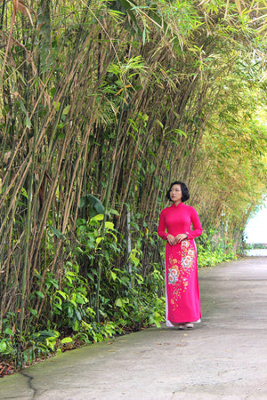 Fuchsia Ao Dai with Handcrafted Flowers & Crystals