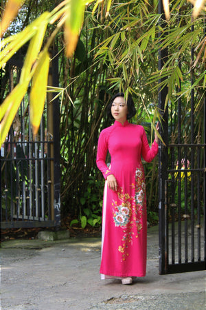 Fuchsia Ao Dai with Handcrafted Flowers & Crystals