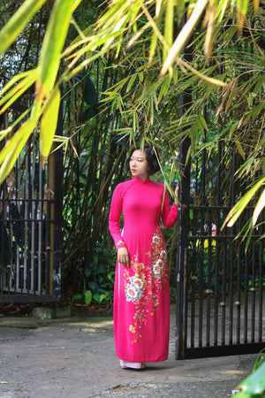 Fuchsia Ao Dai with Handcrafted Flowers & Crystals