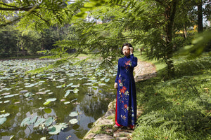 Blue Ao Dai with Handcrafted Flowers & Crystals