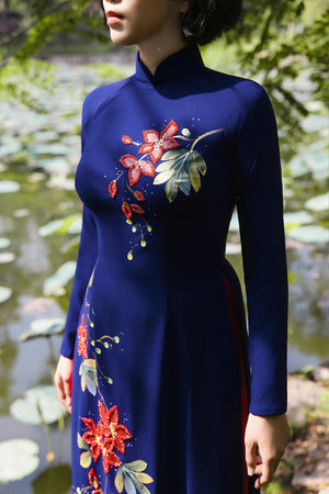 Blue Ao Dai with Handcrafted Flowers & Crystals