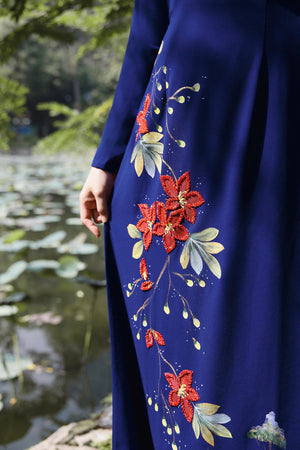 Blue Ao Dai with Handcrafted Flowers & Crystals