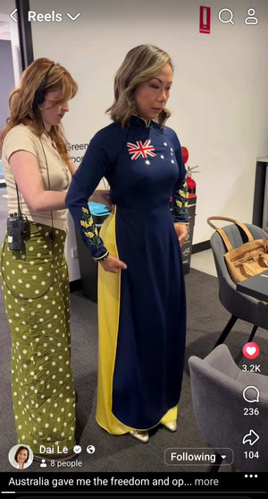 Australian Flag ao dai. Made-to-measure ao dai featuring hand-embroidered, Australian flag & golden wattle flower design