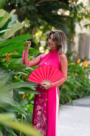 "Blushing Fuchsia" Embroidered Silk Áo Dài with Sheer Sleeves