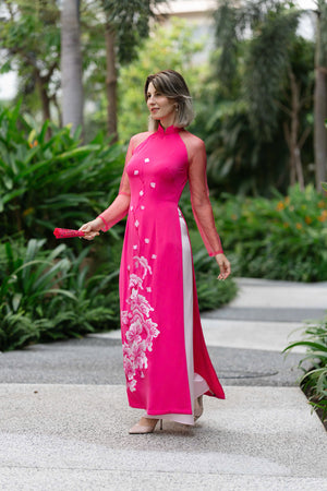 "Blushing Fuchsia" Embroidered Silk Áo Dài with Sheer Sleeves