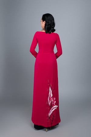 Custom made, hand-painted Ao Dai. Spectacular, floral motif on red silk.