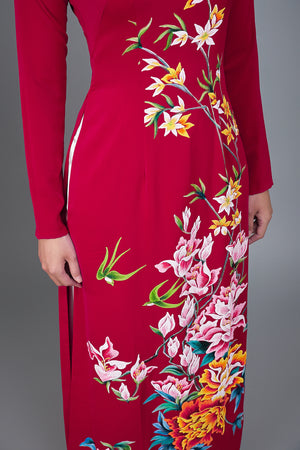 Made to measure ao dai. Hand-painted, floral motif on red silk