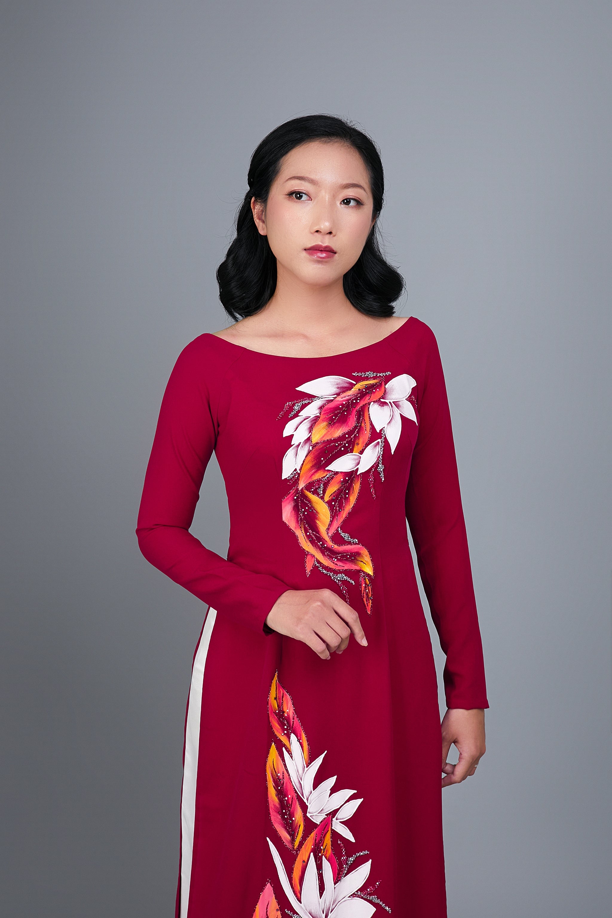 Red Silk And Black Satin Ao Dai Custom Made - Hien Thao Shop