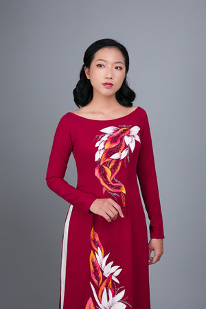 Custom Ao Dai. Hand-painted floral motif on red silk