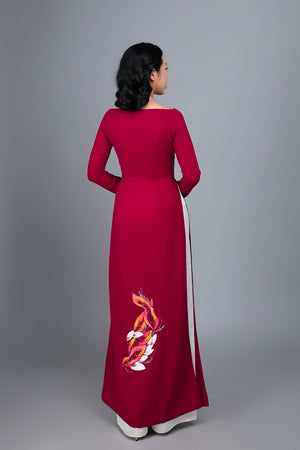 Custom Ao Dai. Hand-painted floral motif on red silk