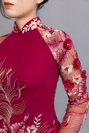 Sample only available, approx. US size 4 - Custom Ao Dai. Multicolored lace in peacock feather motif over burgundy, chiffon fabric.