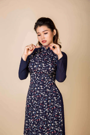 Mark&Vy Ao Dai ao dai dress Ao dai dress in dark blue. Vietnamese dress, floral design OFA001DBLUE