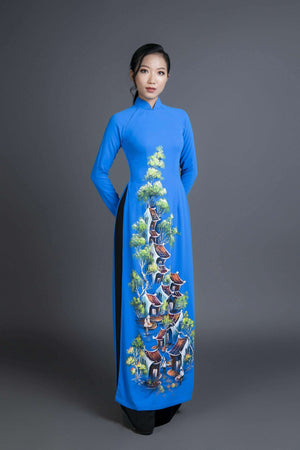 Mark&Vy Ao Dai ao dai dress Ao dai Vietnam traditional dress in hand painted blue silk HAN006BLUE