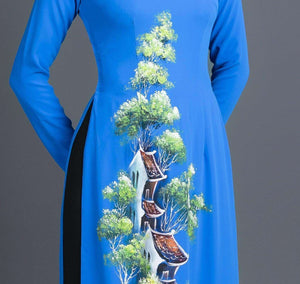 Mark&Vy Ao Dai ao dai dress Ao dai Vietnam traditional dress in hand painted blue silk HAN006BLUE