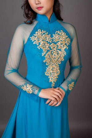 Mark&Vy Ao Dai ao dai dress Aqua Blue wedding ao dai with long train - embroidered and hand beaded fabric.