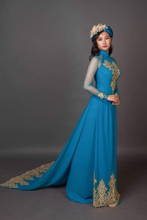 Mark&Vy Ao Dai ao dai dress Aqua Blue wedding ao dai with long train - embroidered and hand beaded fabric.