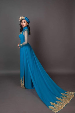 Mark&Vy Ao Dai ao dai dress Aqua Blue wedding ao dai with long train - embroidered and hand beaded fabric.