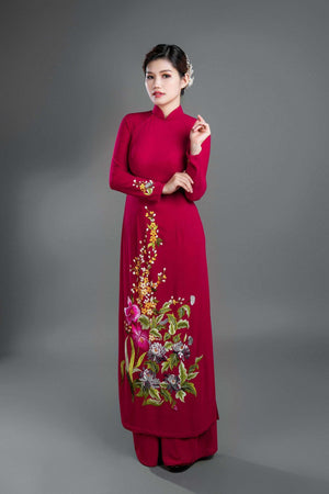 Mark&Vy Ao Dai ao dai dress Custom ao dai, Vietnamese traditional dress in burgundy silk with stunning embroidered floral motif. EMB003BURGUNDY