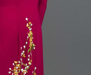 Mark&Vy Ao Dai ao dai dress Custom ao dai, Vietnamese traditional dress in burgundy silk with stunning embroidered floral motif. EMB003BURGUNDY