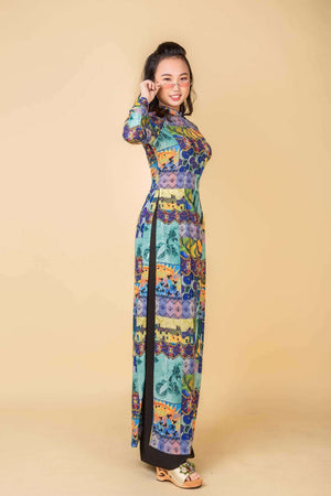 Mark&Vy Ao Dai ao dai dress Green ao dai dress with pants. Floral pattern silk stretch fabric. OFA003LGREEN