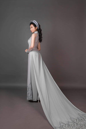 Mark&Vy Ao Dai ao dai dress Grey Wedding ao dai with long train. Beautiful lace and hand beading