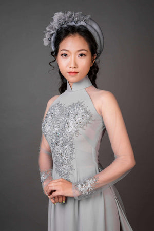 Mark&Vy Ao Dai ao dai dress Grey Wedding ao dai with long train. Beautiful lace and hand beading