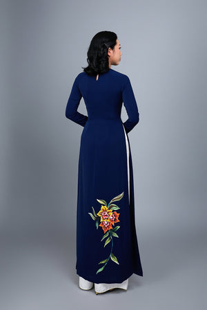 Custom made, hand-painted ao dai with spectactular floral motif on silk