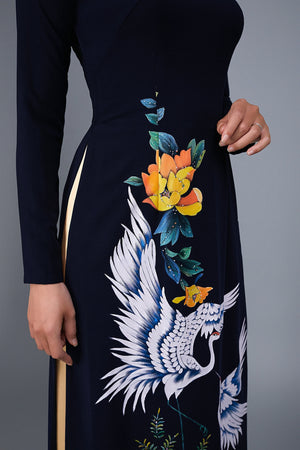 Custom made ao dai. Hand-painted, crane motif on black silk