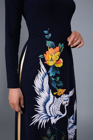 Custom made ao dai. Hand-painted, crane motif on dark blue silk