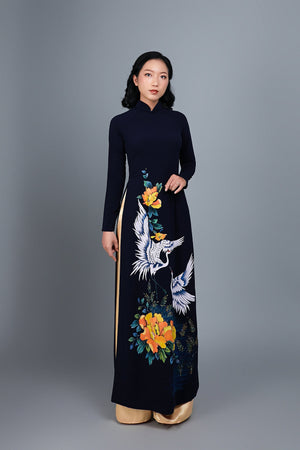 Custom made ao dai. Hand-painted, crane motif on dark blue silk