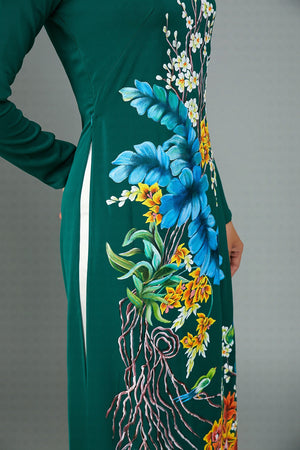 Custom Ao Dai. Stunning. hand-painted, floral motif on green silk