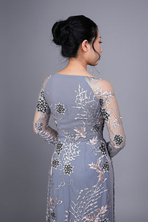 Custom Ao Dai. Floral motif lace over gray chiffon fabric.