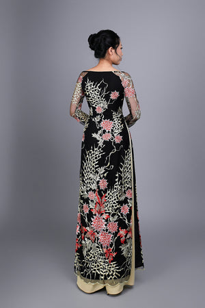 Custom Ao Dai (traditional Vietnamese dress). Floral motif lace over black chiffon fabric.