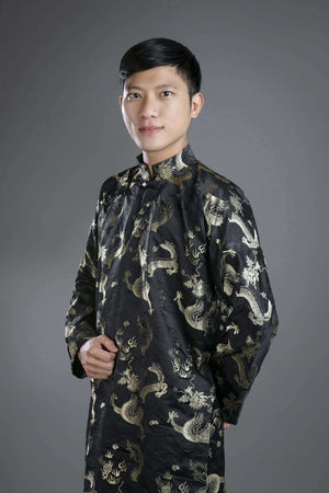 Mark&Vy Ao Dai ao dai Men's ao dai Vietnamese traditional tunic for wedding, graduation etc. Black silk brocade fabric ao dai and matching hat/turban.