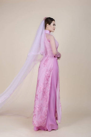 Only Sample US Size 4 - Pink, lace and chiffon wedding ao dai. Leaf pattern embroidery.