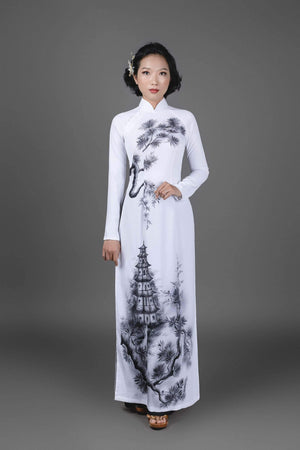 Mark&Vy Ao Dai Vietnamese Ao Dai dress in white silk fabric. Hand-painted, pagoda motif. HAN007WHITE
