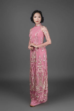 Mark&Vy Ao Dai Vietnamese Ao Dai with pants. Custom made. Pink and silver lace over pink chiffon fabric. LAC015016001