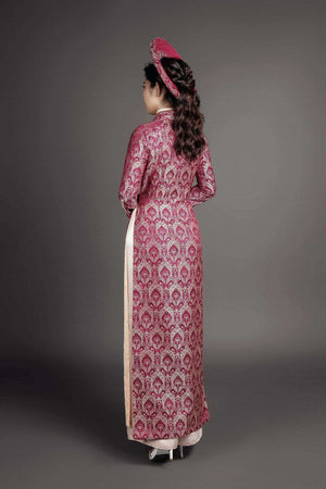 Mark&Vy Ao Dai Dresses (Ao Dai) Wedding ao dai Vietnam traditional dress in coral pink silk color, plus long coat in French wine colored silk brocade fabric BRO0018085