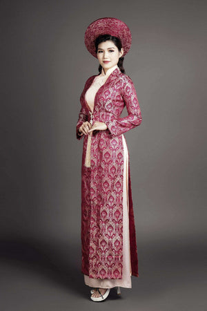 Mark&Vy Ao Dai Dresses (Ao Dai) Wedding ao dai Vietnam traditional dress in coral pink silk color, plus long coat in French wine colored silk brocade fabric BRO0018085