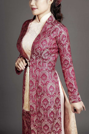 Mark&Vy Ao Dai Dresses (Ao Dai) Wedding ao dai Vietnam traditional dress in coral pink silk color, plus long coat in French wine colored silk brocade fabric BRO0018085