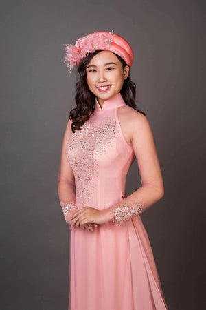 Mark&Vy Ao Dai Wedding ao dai with long train. Pale pink lace and chiffon fabric.