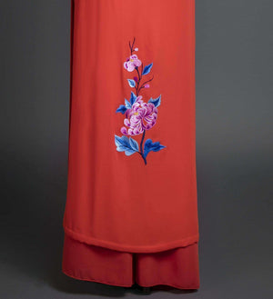 Mark&Vy Ao Dai Dresses (Ao Dai) Women's ao dai custom Vietnamese traditional dress in orange color with beautiful embroidered chrysanthemum motif. Free bespoke fit. EMB004ORANGE