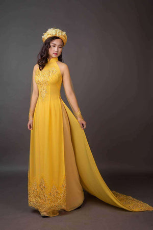 Mark&Vy Ao Dai Yellow wedding ao dai. Beautiful embroidery and hand beading (includes headband as shown in photo)