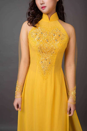 Mark&Vy Ao Dai Yellow wedding ao dai. Beautiful embroidery and hand beading (includes headband as shown in photo)