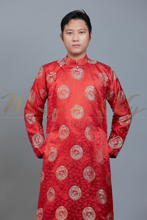 Men's ao dai in red and gold color - Vietnamese national clothing. Free custom fit.
