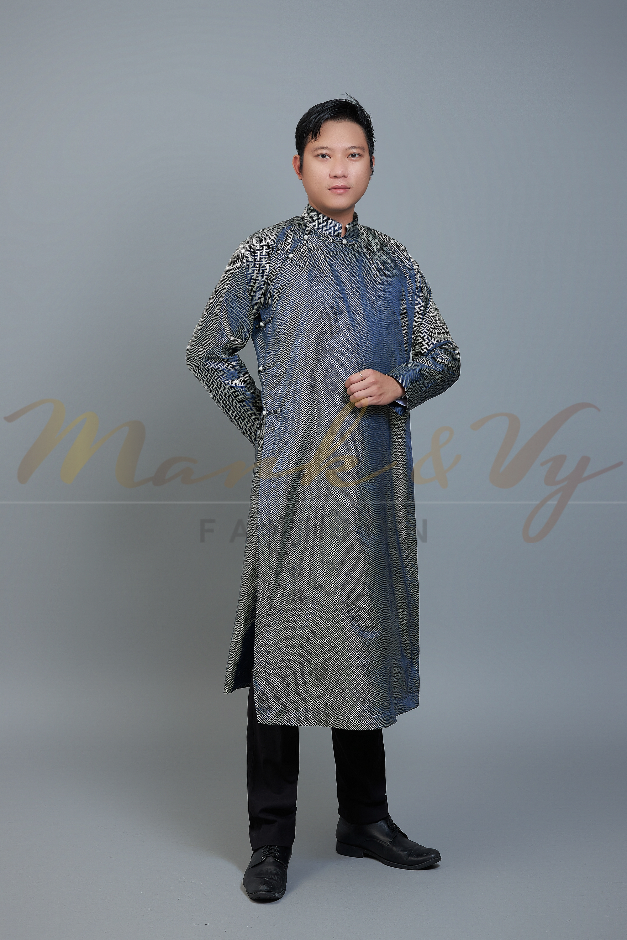 Men's ao dai in dark blue and champagne color - Vietnamese national clothing. Free custom fit.