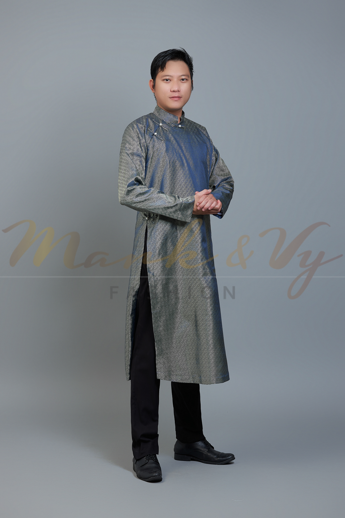 Men's ao dai in dark blue and champagne color - Vietnamese national clothing. Free custom fit.